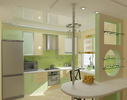 маленькая кухня в зеленом цвете постельного оттенка