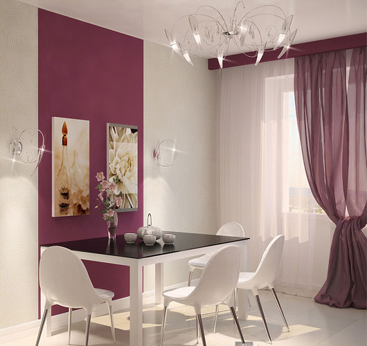 Оптимальными цветами для гардин и тюлей в сиреневой кухне считаются: лиловый, розовый, яркие оттенки оранжевого и желтого, пастельный зеленый и насыщенно-фиолетовый