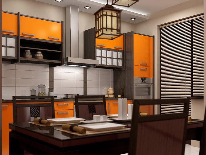японский стиль, оранжевый,  8-10 кв м, фартук плитка, шторы жалюзи