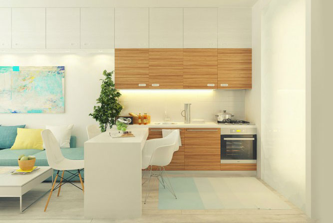 светлая маленькая кухня-гостиная в современном стиле