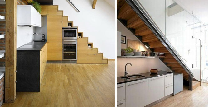 дизайн кухни под лестницей в частном доме