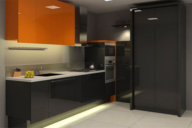 дизайн черно-оранжевой кухни 12 кв м