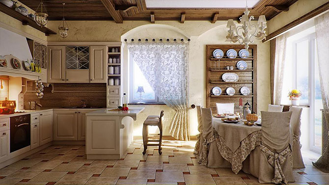 Дизайн кухни в стиле прованс на даче в деревянном доме