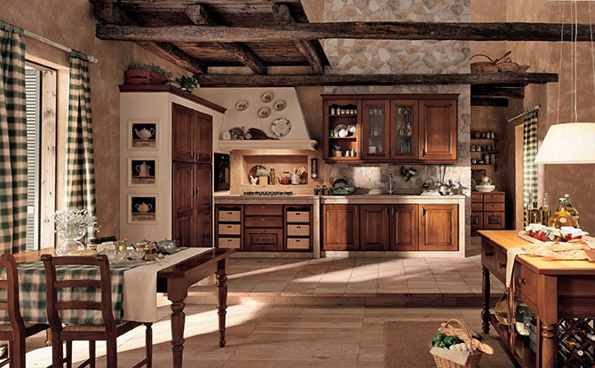 Дизайн кухни в стиле кантри на даче в деревянном доме