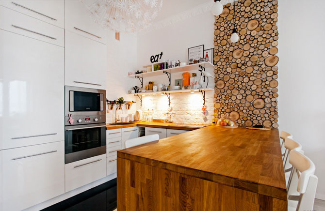 дерево на стене в скандинавском стиле на кухне