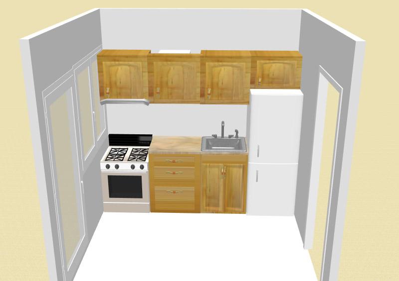 проект кухни с газовой колонкой и холодильником вдоль стены