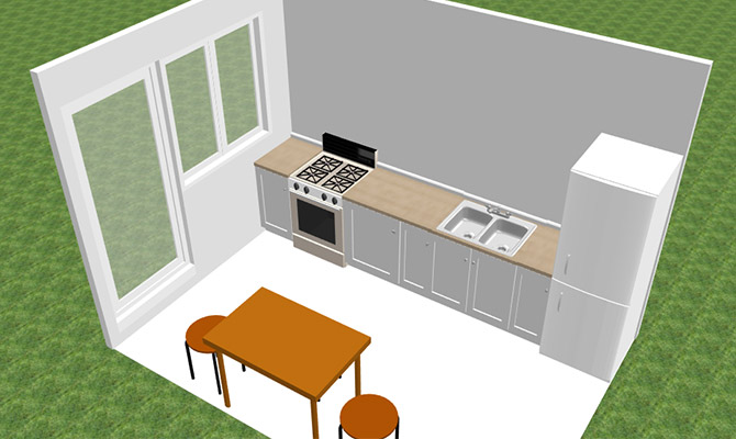 Линейная планировка кухни с балконом и холодильником