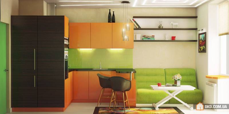 Дизайн зелено-оранжевой кухни студии