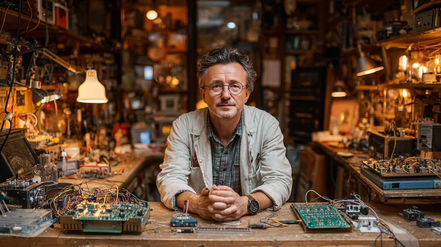 Дмитрий Козлов — портрет инженера в рабочей лаборатории с инструментами для ремонта электроники